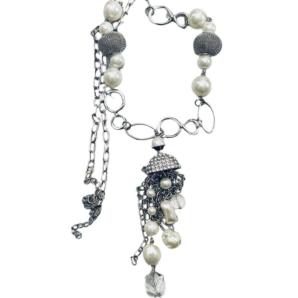 Silver Tone Faux Pearl‎ Mesh Bead Crystal Tassel Statement Necklace Mixed Link
